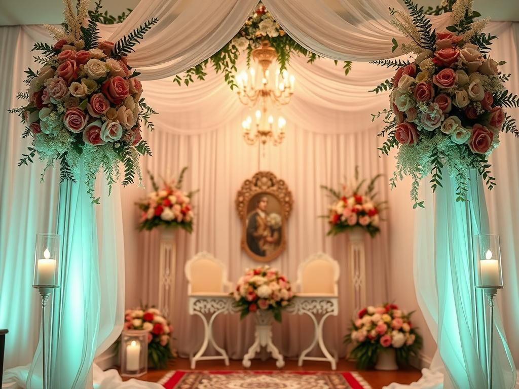 A close up shot of a beautifully arranged wedding altar,