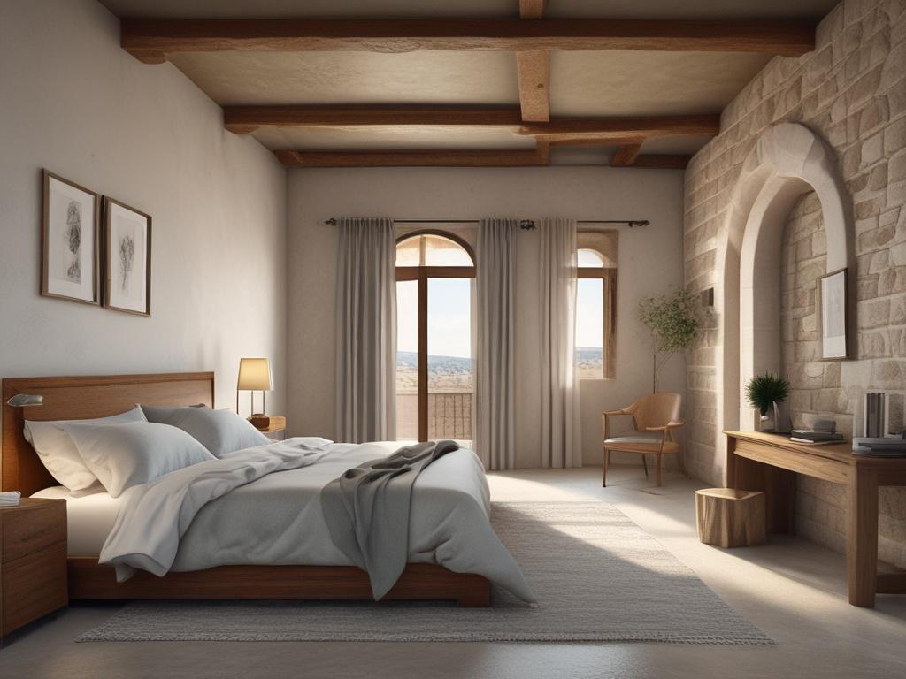 spacious double bedroom, Maltese architecture, wooden beams, stone walls, tranquil street view