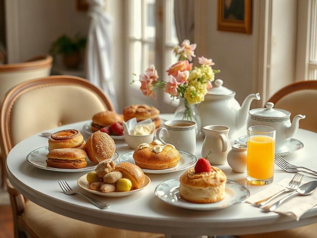 A beautifully arranged breakfast table at Kappella Boutique, showcasing a variety of fresh pastries, fruits, and beverages. The table should be set in a charming dining area, with soft natural light streaming through a window, creating a warm and inviting atmosphere. Include elegant plates and cutlery, and the warm beige color scheme should be reflected in the table decor. The composition should capture the essence of a relaxing breakfast experience.