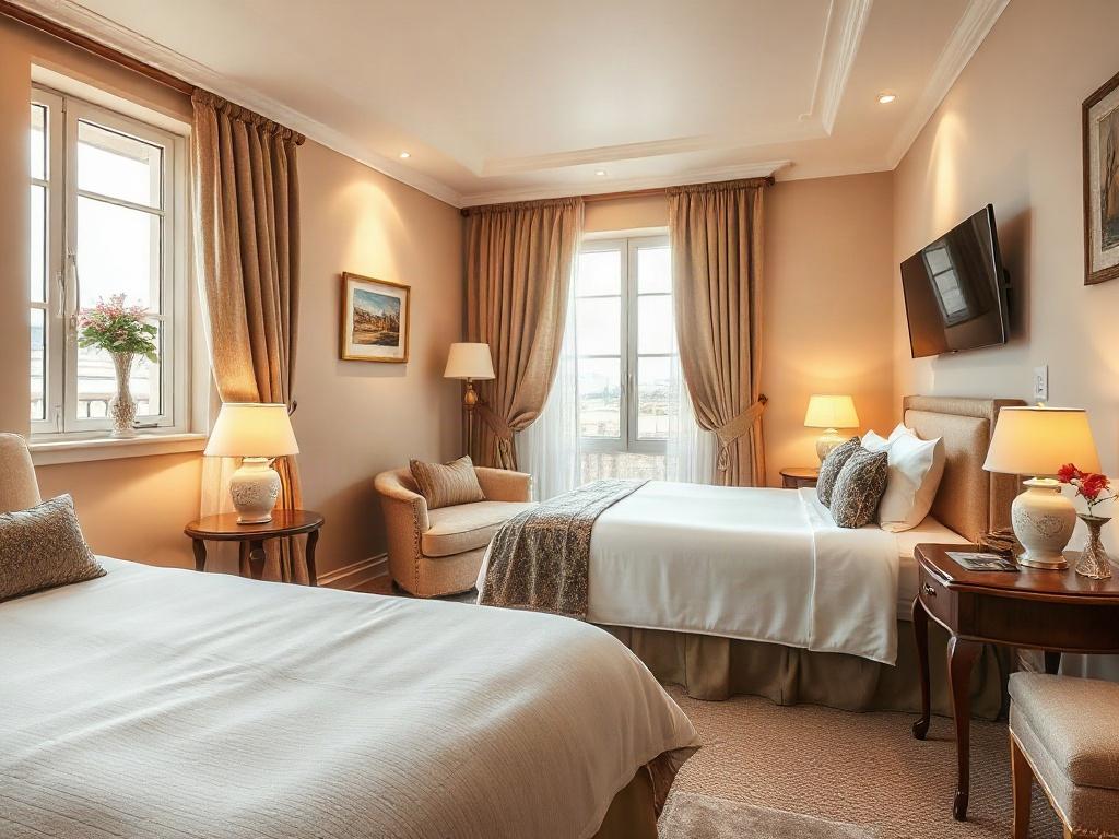 A beautifully decorated guest room at Kappella Boutique, featuring elegant furnishings and warm beige tones, showcasing a comfortable bed, bedside tables, and a window with soft curtains. The room should have a cozy ambiance, with a small seating area, a TV on the wall, and tasteful decorations reflecting Maltese culture. The lighting should be warm and inviting, creating a serene atmosphere. The composition should focus on one corner of the room, emphasizing the elegance and comfort of the space.