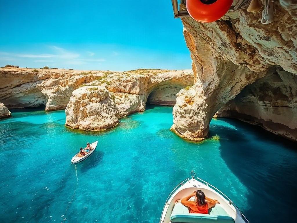 A scenic view of Malta's Blue Grotto, showcasing stunning turquoise waters and impressive rock formations. The image should have a clear blue sky and bright sunlight illuminating the landscape, capturing the essence of a perfect day for exploration. In the foreground, include a small boat or people enjoying the view, emphasizing the beauty and adventure of visiting this iconic spot in Malta.