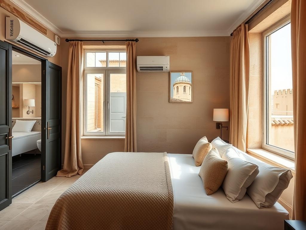 A beautifully designed double room named Il-Kamra tad-Dawl, showcasing a mix of authentic Maltese limestone and modern finishes. The room features two large windows overlooking an internal courtyard, allowing ample natural light to flood the space. The decor is elegant with a comfortable double bed, air-conditioning unit, and a modern private ensuite bathroom visible in the background. A charming view of the nearby chapel dome can be glimpsed through the windows. The overall atmosphere is calm and inviting,