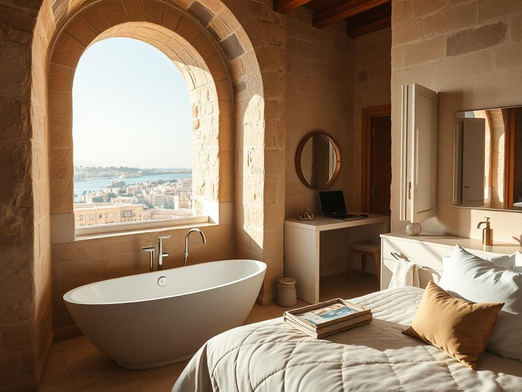 A hyper-realistic close-up image of a beautifully designed double room at Kappella Boutique, featuring exposed old Maltese stone walls and a modern aesthetic. The room should showcase a freestanding bathtub positioned by a large window, allowing panoramic views of Malta. The interior design should highlight warm beige tones, with natural light flooding in from the window. Include a comfortable double bed, a work desk, and elegant finishes in the ensuite bathroom, creating a serene and luxurious atmosphere.