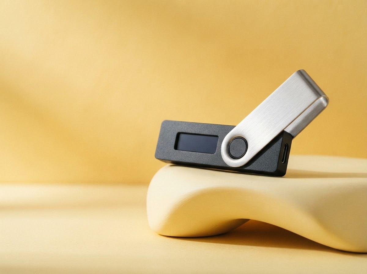 A sleek black hardware wallet on a sculptural yellow plinth