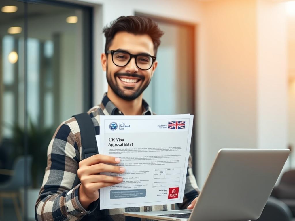 A close-up shot of a skilled overseas worker smiling while holding a UK visa approval document in one hand and a laptop in the other. The background is softly blurred to emphasize the subject, showcasing a modern office environment. The lighting is warm and inviting, highlighting the worker's professionalism and optimism. The color palette complements the primary color rgb(122, 86, 4), with accents that convey a sense of opportunity and growth.