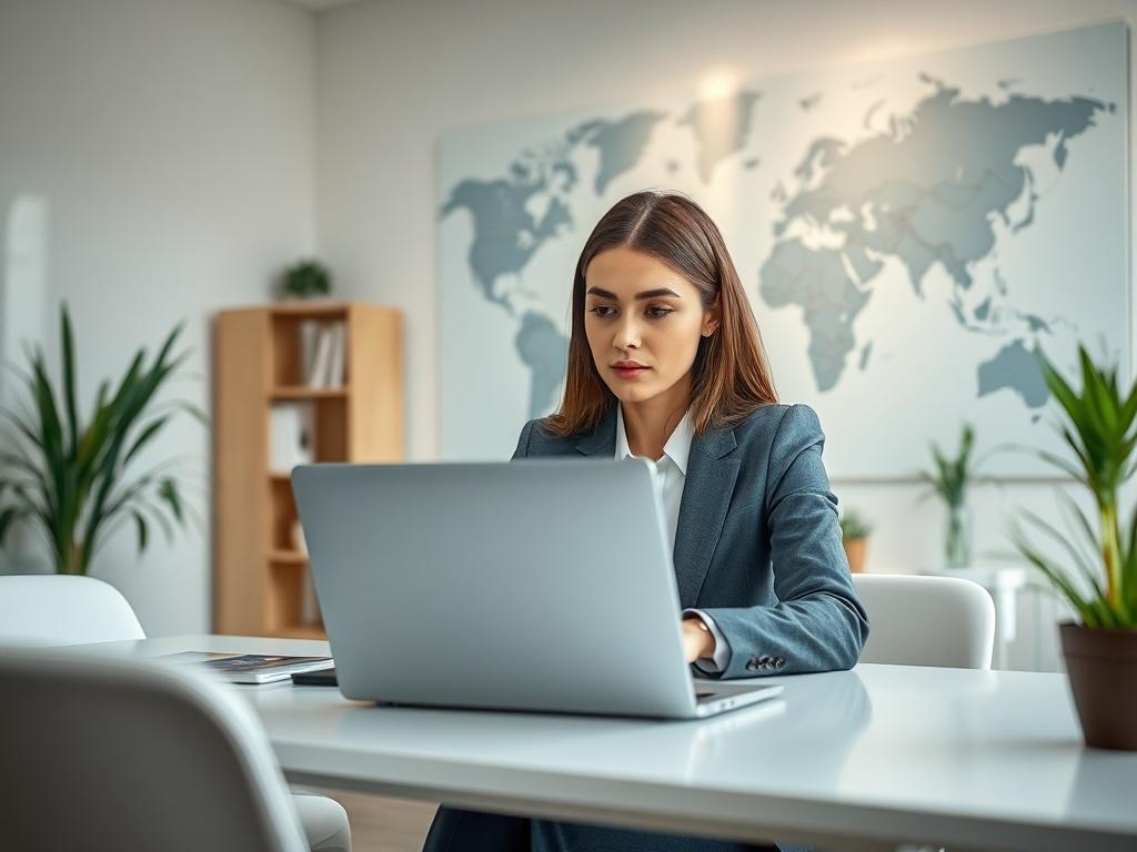 Create a realistic high-resolution photo that captures the essence of international hiring. The composition should be simple and clear, focusing on a single subject: a professional businesswoman sitting at a sleek, modern desk, engaged in a video conference on her laptop. She should have an expression of concentration and determination while discussing hiring strategies, representing the theme of navigation through the complexities of international recruitment.

In the background, include a large world map on the wall, subtly pieced together to symbolize the global aspect of hiring. The office should appear bright and inviting, with natural light streaming in through a window, casting soft shadows that enhance the depth of the scene. Slightly blurred elements, like office plants or bookshelves, can add a touch of warmth without detracting from the main subject. Use colors that align with the hue rgb(122, 86, 4) to maintain visual coherence while ensuring that the image feels professional yet approachable.