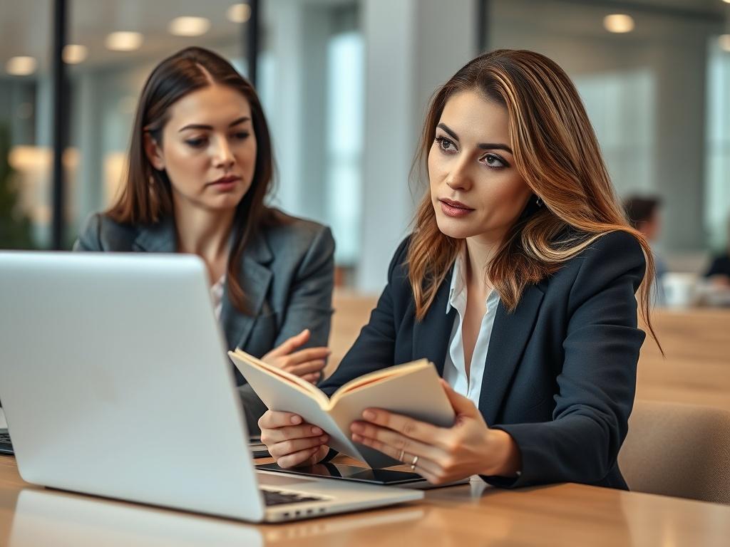 A close-up shot of a confident woman discussing compliance strategies in a modern office setting, with a legal book and laptop on the table. The atmosphere conveys professionalism and focus.