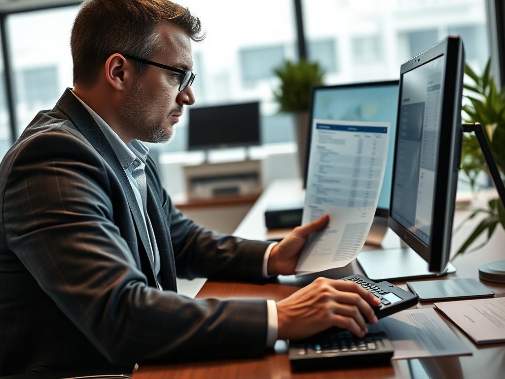 A close-up shot of a focused man reviewing payroll documents on his computer in a sleek office environment. The desk is organized with financial reports and a calculator, highlighting a professional atmosphere.