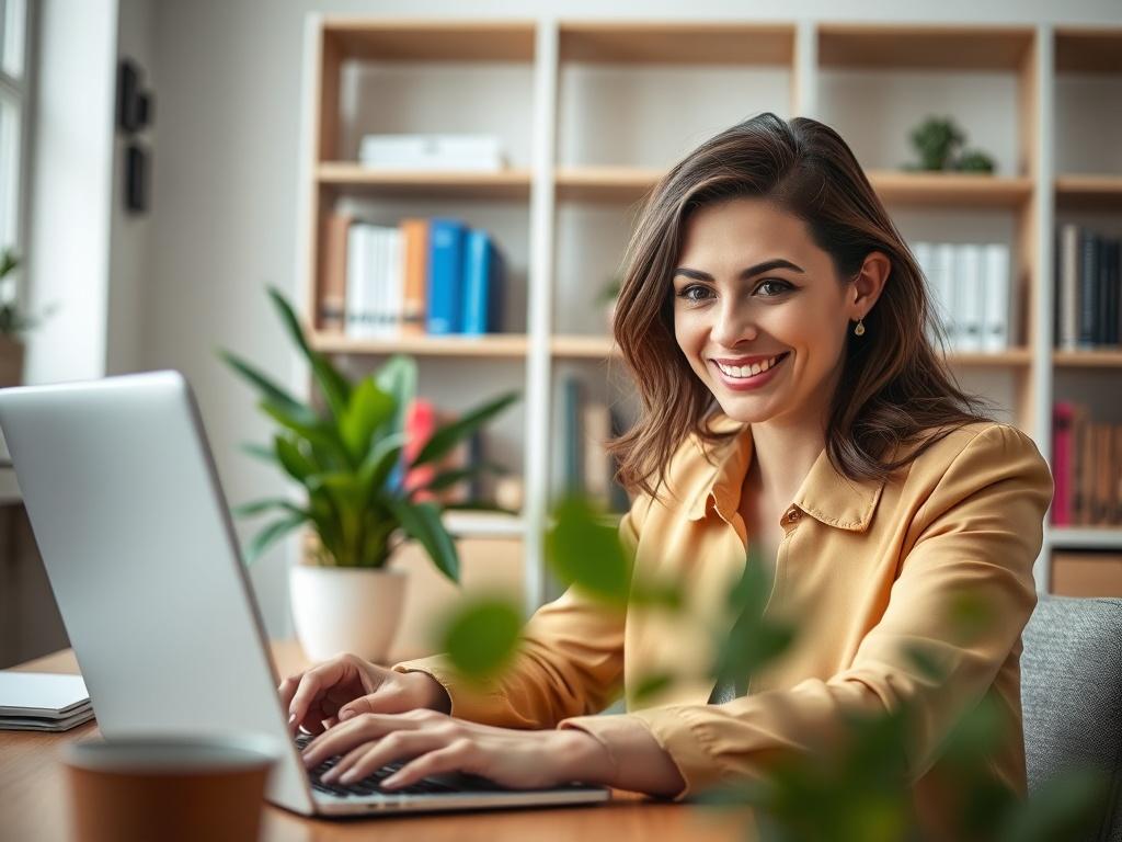 A close-up shot of a professional woman smiling while working on her laptop in a modern home office, showcasing a bright and inviting workspace. The background features a stylish bookshelf and a potted plant, creating an atmosphere of productivity and creativity.