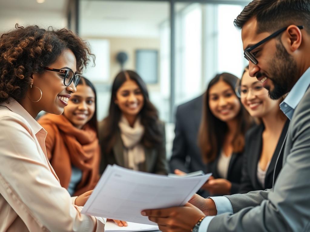 A close-up shot of a professional consultant reviewing immigration documents with a diverse group of international candidates. The background should be a modern office environment with soft lighting, showcasing professionalism and collaboration. The image should capture the essence of global recruitment and the importance of compliance in hiring skilled workers.