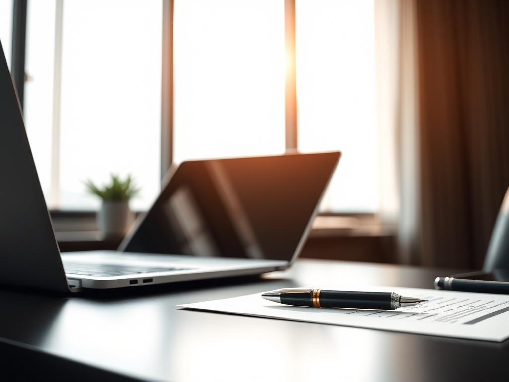 A close-up shot of a sophisticated office environment featuring a high-end laptop, a set of business documents, and a stylish pen on a sleek desk, illuminated by natural light from a nearby window. The image should evoke a sense of professionalism and success.