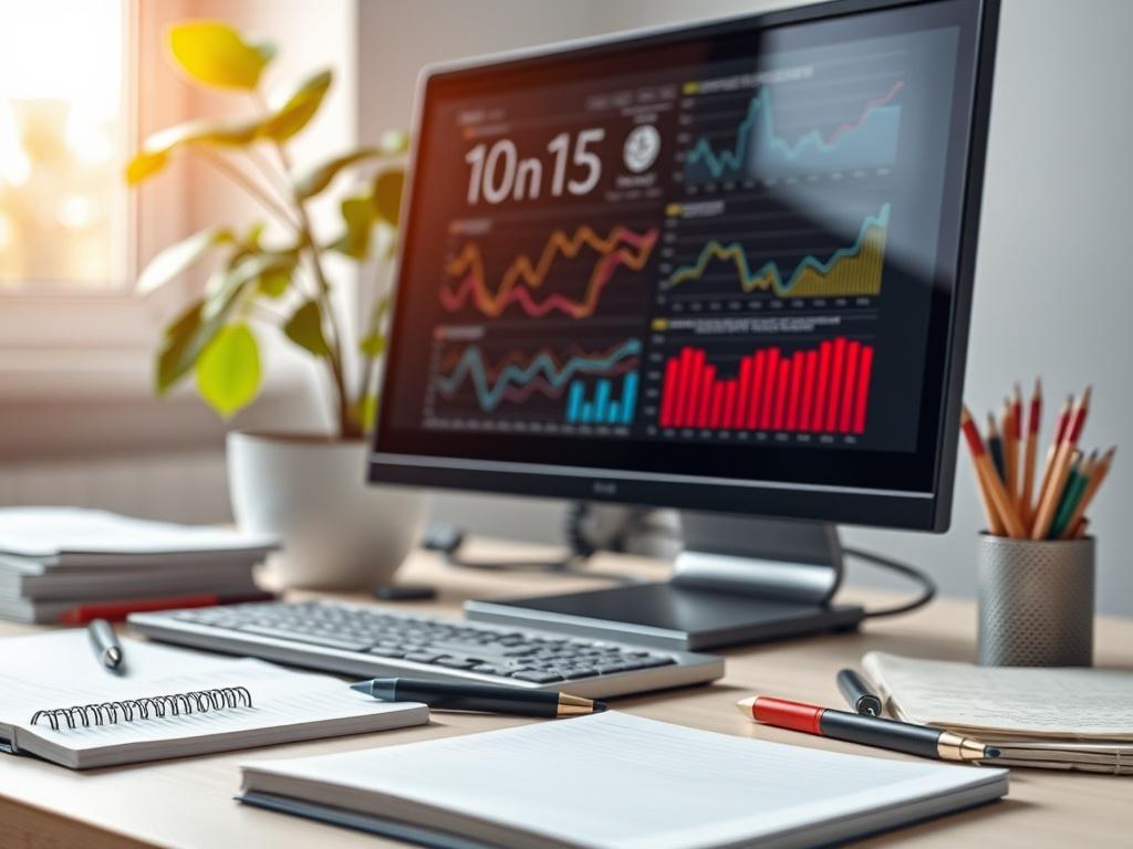 A close-up shot of a desk with a desktop computer displaying graphs and analytics, surrounded by notebooks and pens. The setting should be bright and inviting, with a plant in the background to convey growth and vitality, creating an atmosphere of innovation.