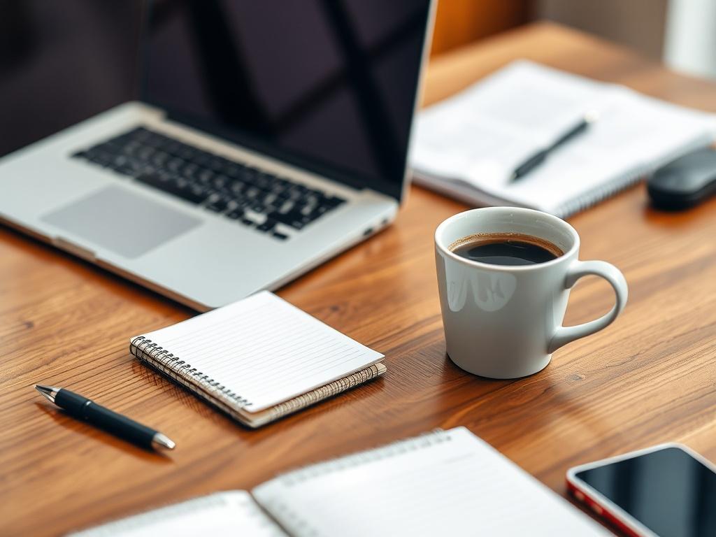 A close-up shot of a professional workspace with a laptop open, a notepad, and a cup of coffee, all arranged neatly on a wooden desk, showcasing a sense of productivity. The background should be softly blurred to emphasize the desk items, with warm lighting that highlights the rich brown tones of the wood.