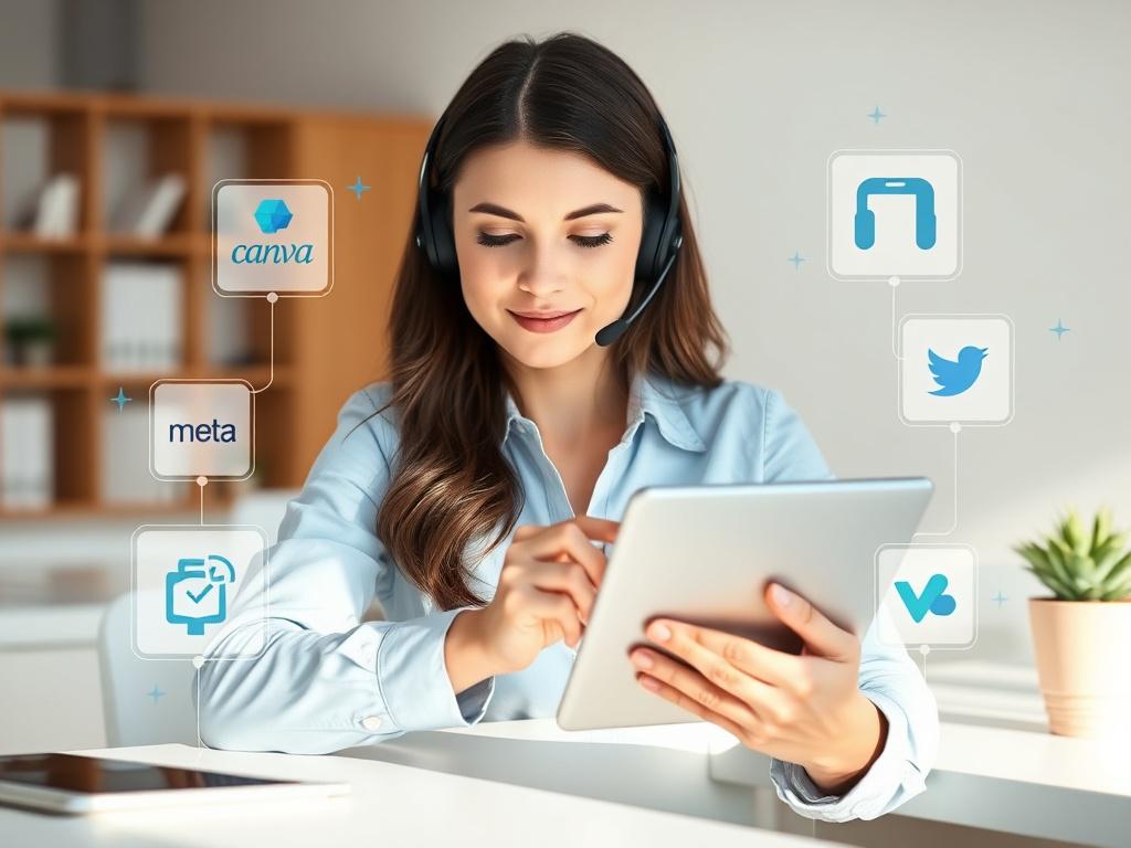 A calm, professional woman using a tablet to communicate with