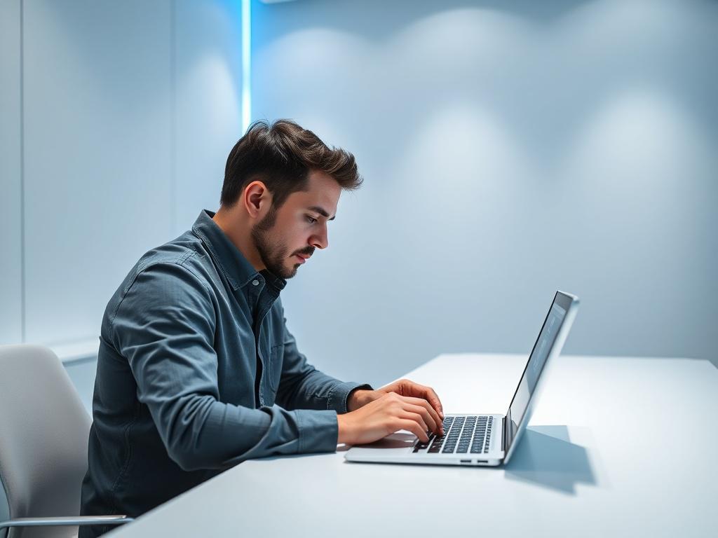 A detail oriented man adjusting settings on a laptop with