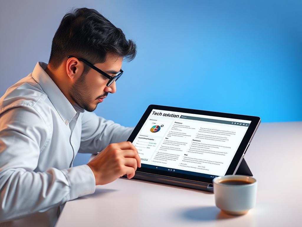 An image of a focused individual reviewing detailed tech solution