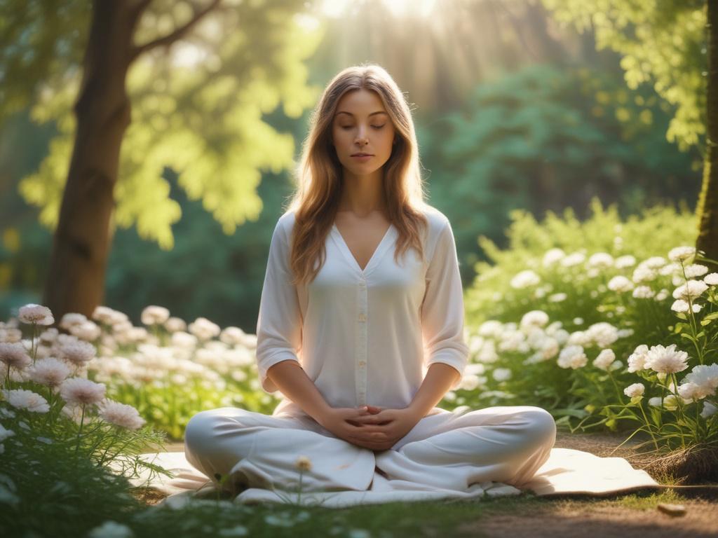 A serene and peaceful setting with soft lighting, featuring a