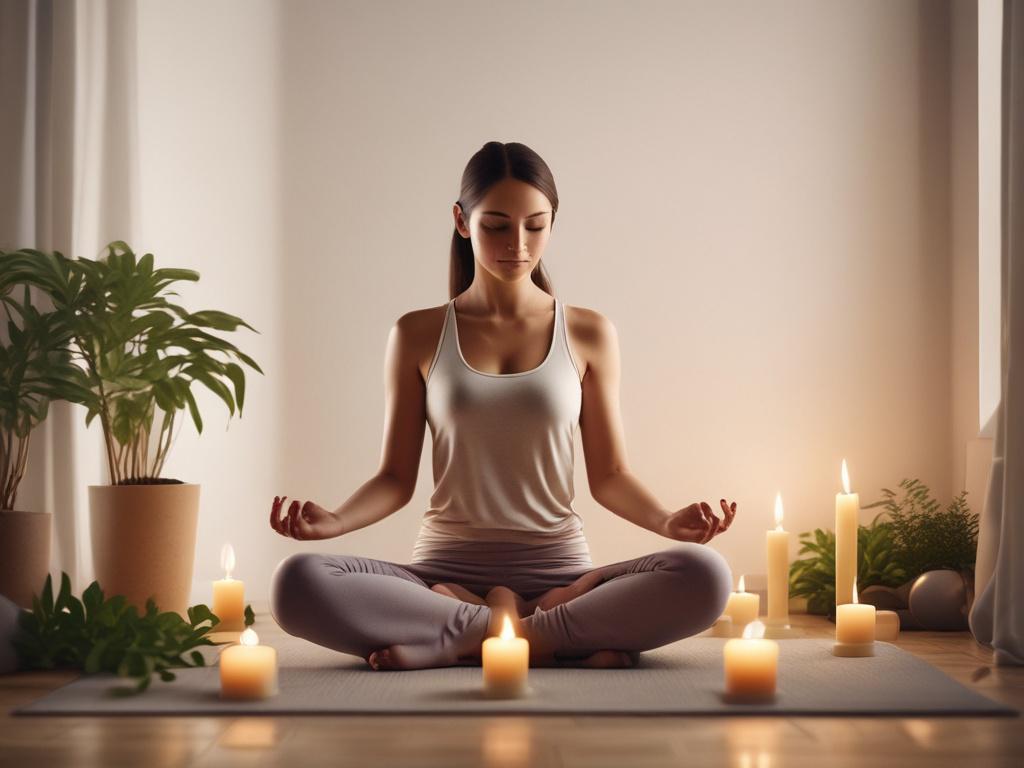 A serene and peaceful yoga instructor demonstrating a meditative pose in a softly lit room with gentle colors, surrounded by candles and plants, conveying a sense of calm and energy flow.