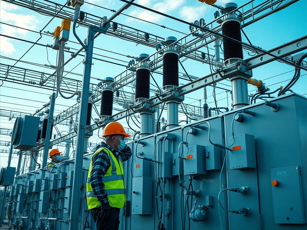 A close up shot of a modern electrical substation, showcasing
