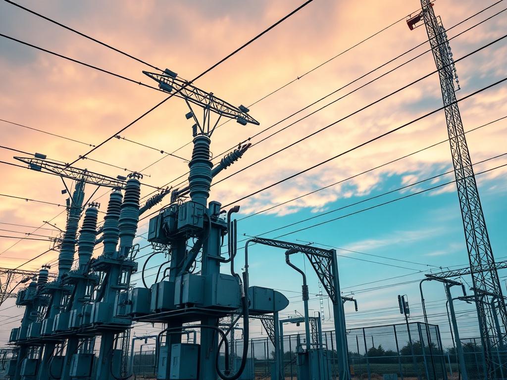 A realistic high-resolution photo focusing on a substation, showcasing the intricate details of electrical equipment and power lines. The image should capture the structure of the substation with a dramatic sky in the background, emphasizing the scale and importance of the infrastructure. The composition should be sharp and clear, highlighting the machinery and surrounding environment, taken with a 45mm f/1.2 lens style.