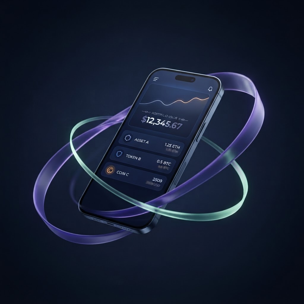 Illustration of a mobile crypto wallet surrounded by luminous abstract ribbons
