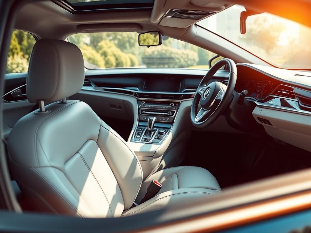 A hyper-realistic high-resolution photo of a beautifully detailed car interior. The image should focus on the clean dashboard and seats, showcasing the polished surfaces and fresh upholstery. Soft natural light should illuminate the interior, emphasizing its cleanliness and inviting atmosphere.