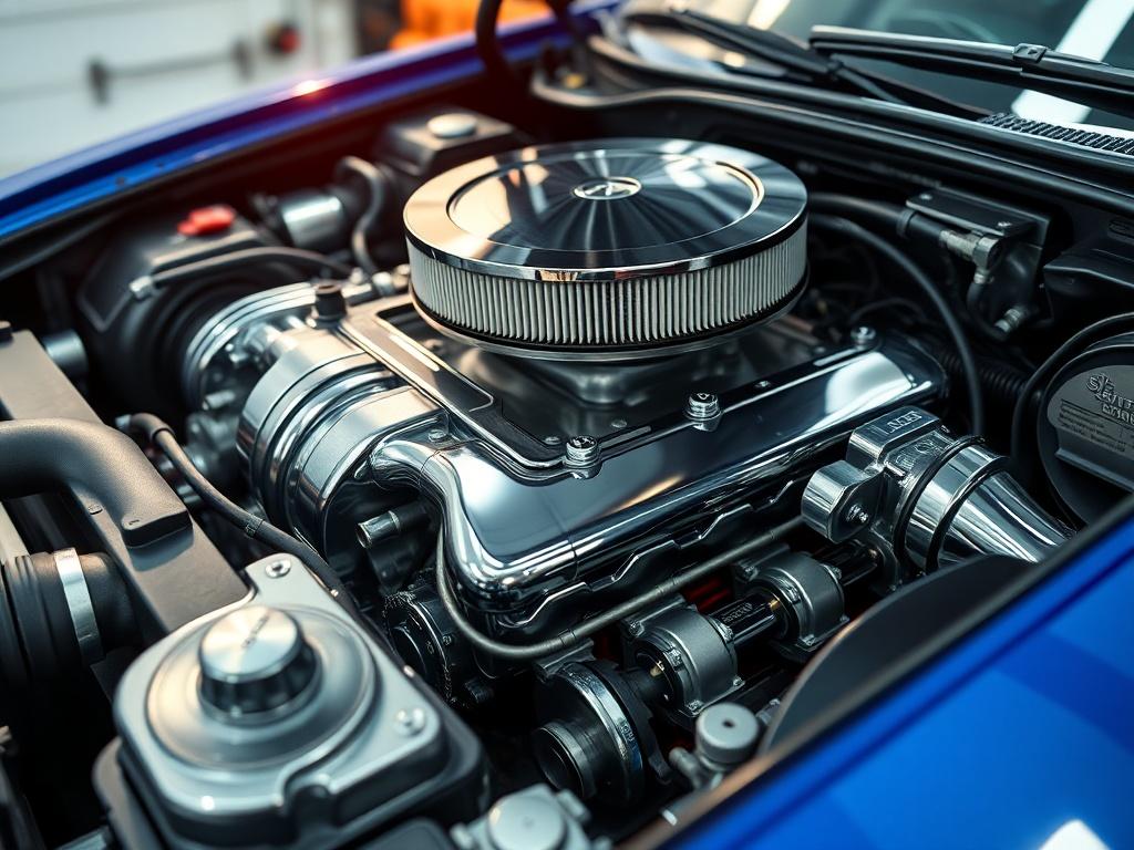 A hyper-realistic high-resolution photo of a clean engine bay. The focus should be on the shiny, well-maintained engine components, highlighting their pristine condition. The background should be a softly lit garage setting that emphasizes the cleanliness and care taken in the engine cleaning process.