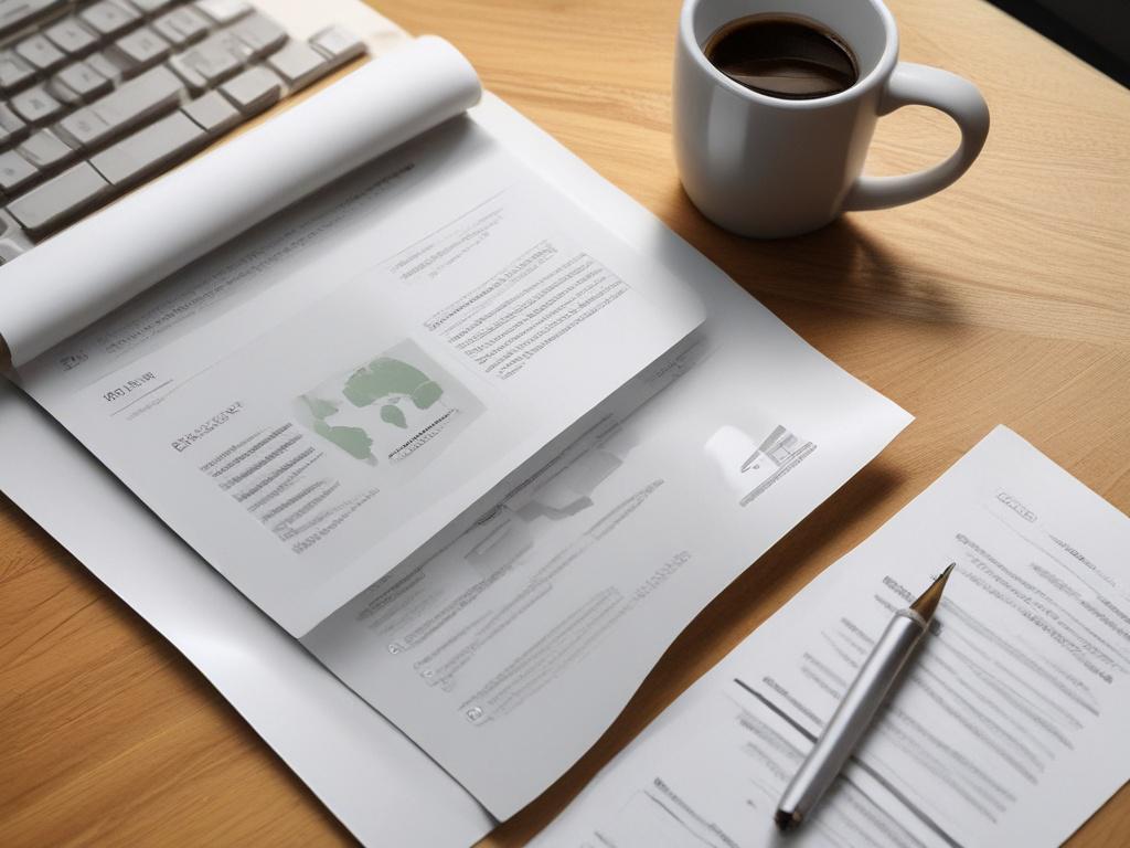 A hyper-realistic close-up shot of a professional resume and cover letter on a wooden desk, with a laptop and a cup of coffee in the background. The resume should be neatly arranged, showcasing clear formatting and bullet points. The lighting is warm and inviting, emphasizing the professionalism of the setting. The color scheme should harmonize with the primary color #136A5C.