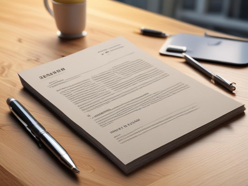A close-up shot of a professional resume on a modern wooden desk. The resume features a clean and organized layout with bullet points and headings. In the background, there's a subtle blurred effect showing a laptop and a plant, creating a calm and focused workspace. The lighting is bright and inviting, showcasing the resume's details clearly. The overall composition should reflect professionalism and readiness for a job application.