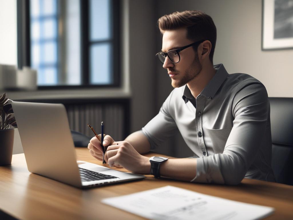 A close-up shot of a young professional sitting at a desk with a laptop open, focused on writing their resume. The background is a clean, modern workspace with soft natural lighting. The subject appears confident and engaged, showcasing a determined expression as they type. The overall tone is encouraging and hopeful, emphasizing the journey towards starting a career.