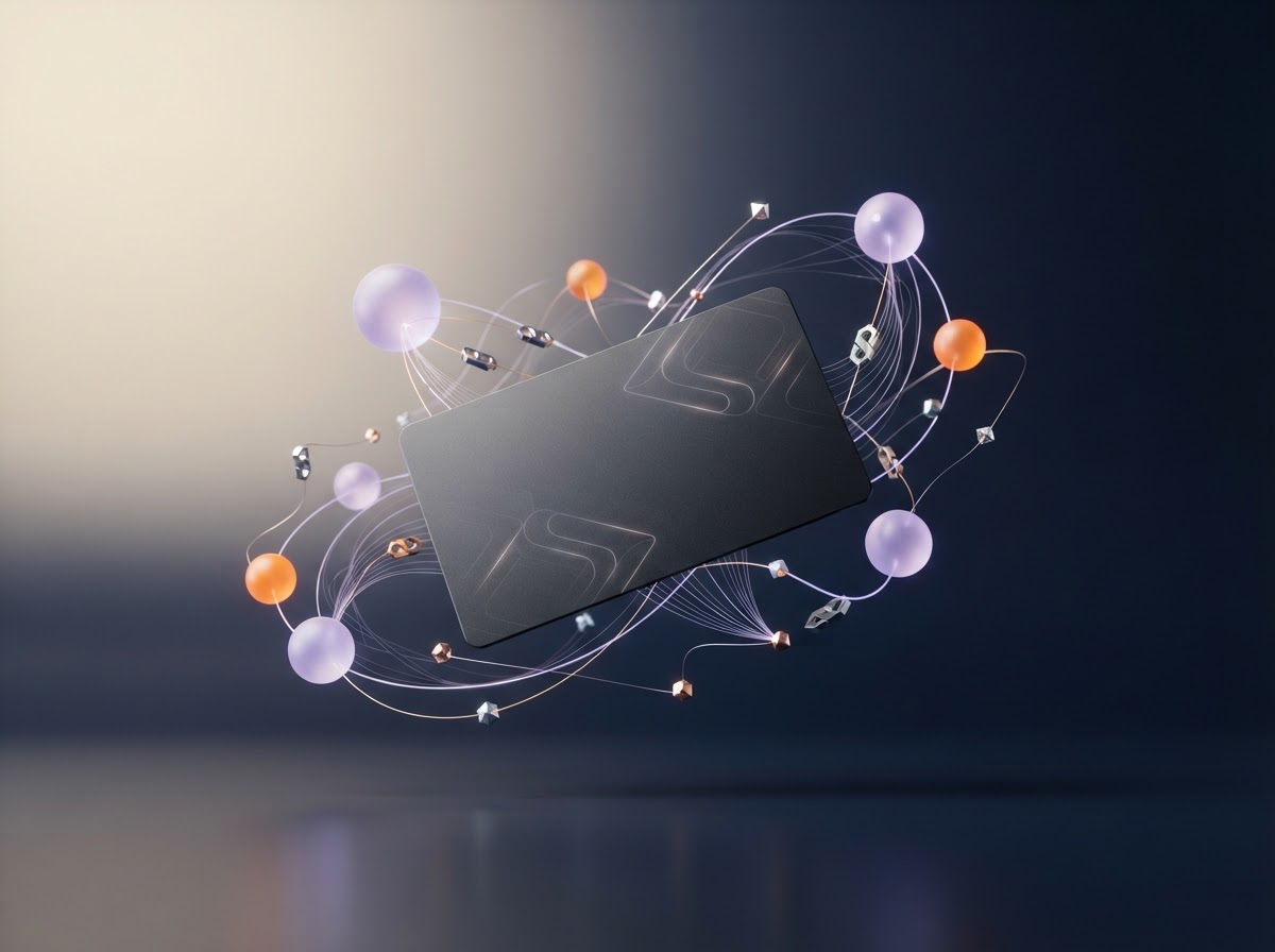 Abstract browser wallet card surrounded by glowing network tokens