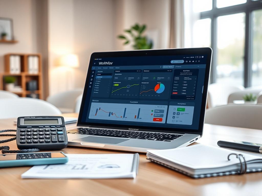 A hyper-realistic close-up shot of a modern laptop displaying a workflow automation interface, surrounded by accounting tools like a calculator and notepad. The background should be a bright, clean office environment with soft lighting, creating a professional yet inviting atmosphere.