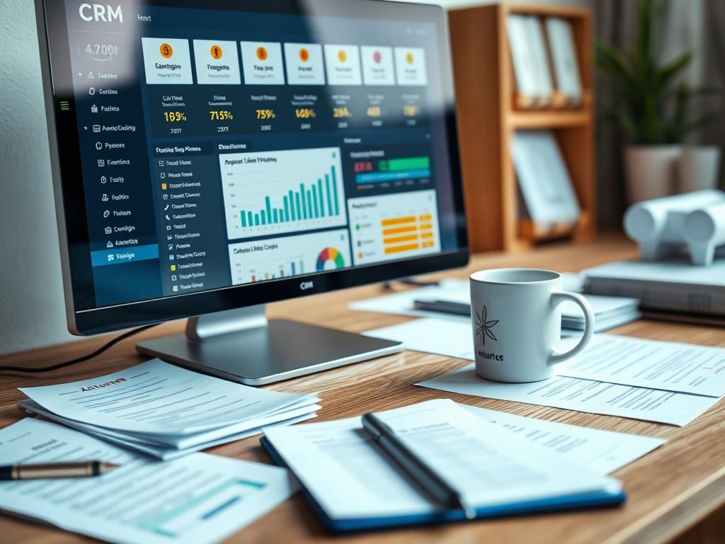 A close-up, hyper-realistic photo of a computer screen showing a CRM dashboard with analytics and client profiles. The setting is an organized desk with accounting papers and a coffee mug, reflecting a professional workspace.