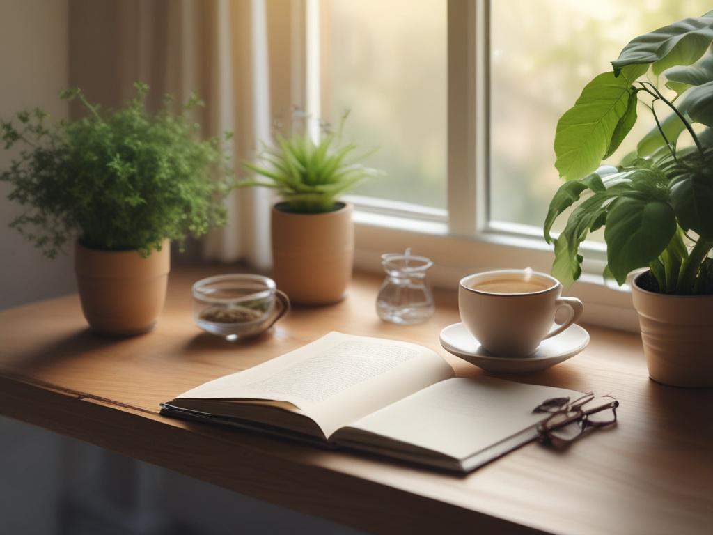 A serene and peaceful workspace featuring a single wooden desk with a gentle light illuminating an open journal and a cup of herbal tea. The background should show a soft, natural setting with green plants and warm colors, creating a harmonious and inviting atmosphere.