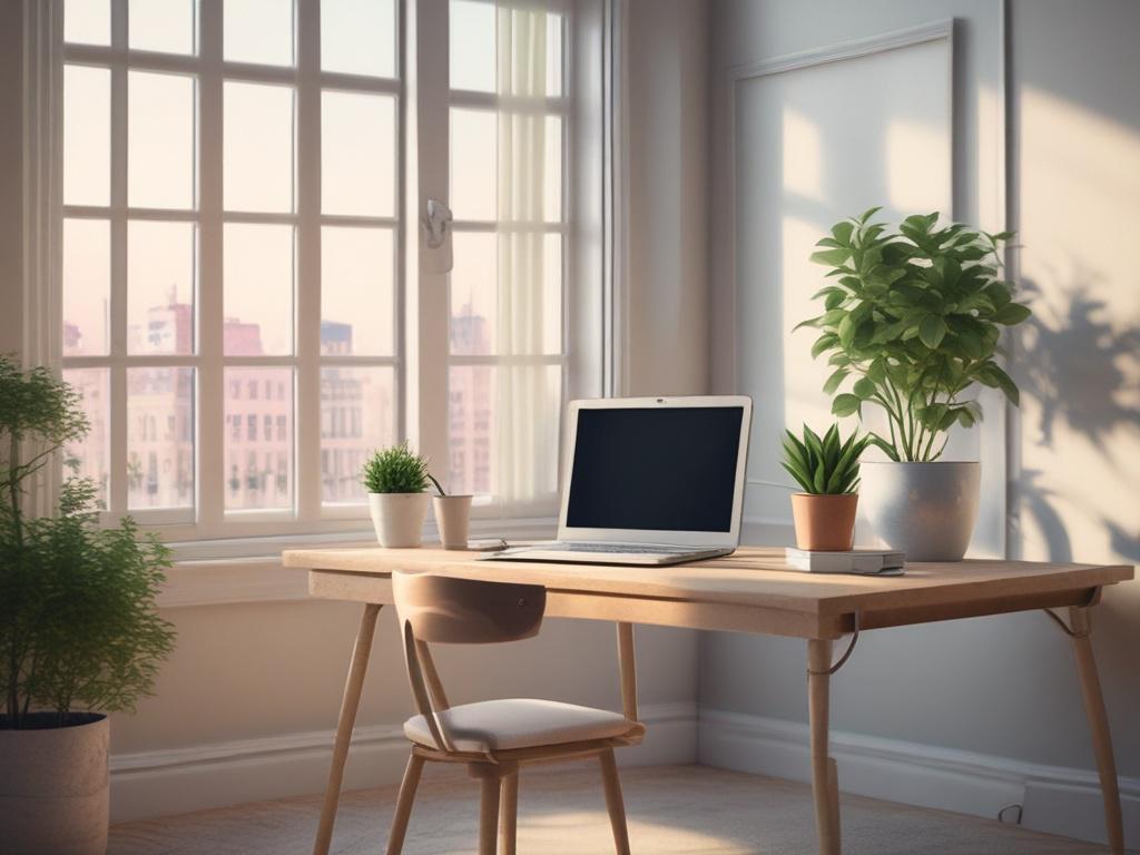 A serene office space with soft, natural light filtering through a window. A single, elegant wooden desk holds a laptop and a potted plant, creating a peaceful atmosphere. The background features soft pastel colors, inviting a sense of calm and focus, with a clear view outside showing a tranquil garden.