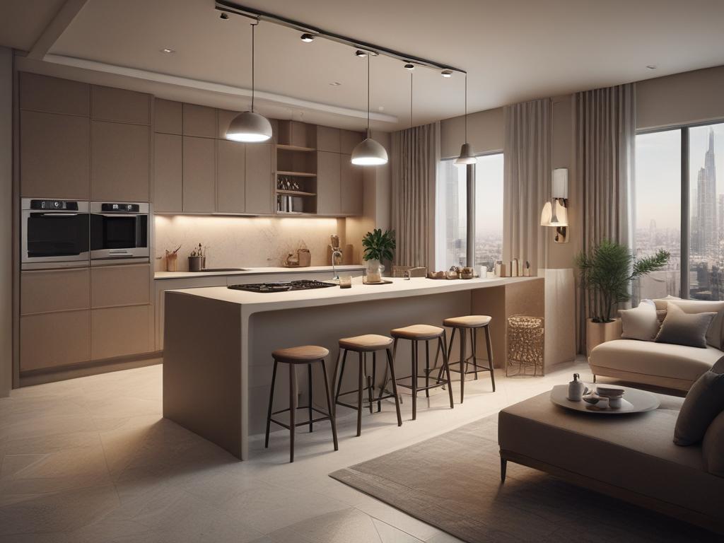 cozy apartment, Dubai, comfortable living, full kitchen, inviting atmosphere