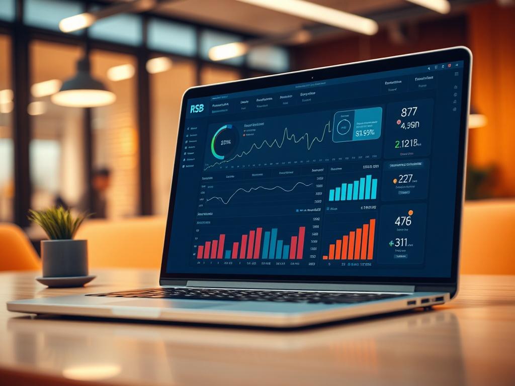 A close-up shot of a digital dashboard displayed on a laptop screen, with graphs and statistics showing growth and performance. The surrounding environment is a modern office setting, reflecting professionalism and innovation, with warm colors that complement rgb(193, 153, 87).