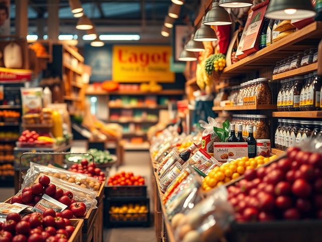 A close-up shot of a vibrant marketplace display with various products arranged attractively. The setting is bright and inviting, emphasizing the variety and quality of the offerings, with warm lighting that highlights the rgb(193, 153, 87) color scheme.