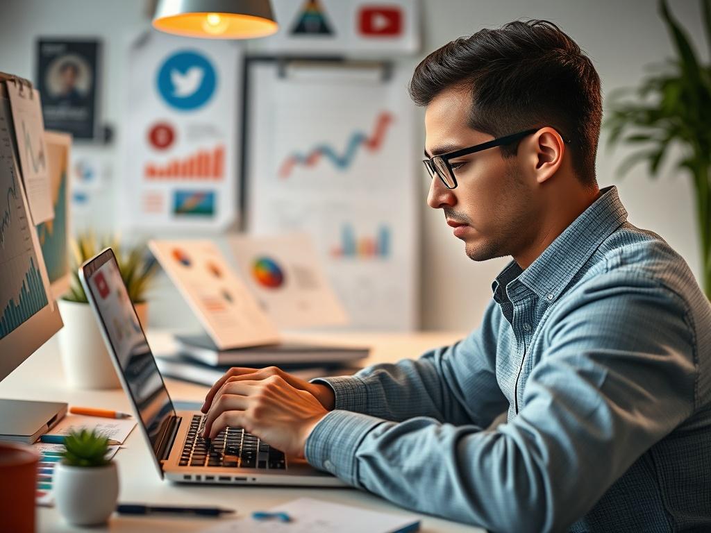 A realistic, high-resolution close-up shot of a digital marketing professional working on a laptop, surrounded by marketing materials like social media icons and analytics graphs. The setting is a modern workspace with a clean background. The focus is on the professional, showcasing their intense concentration and engagement with the digital marketing tools. The image should reflect the color rgb(193, 153, 87) subtly in the workspace decor.