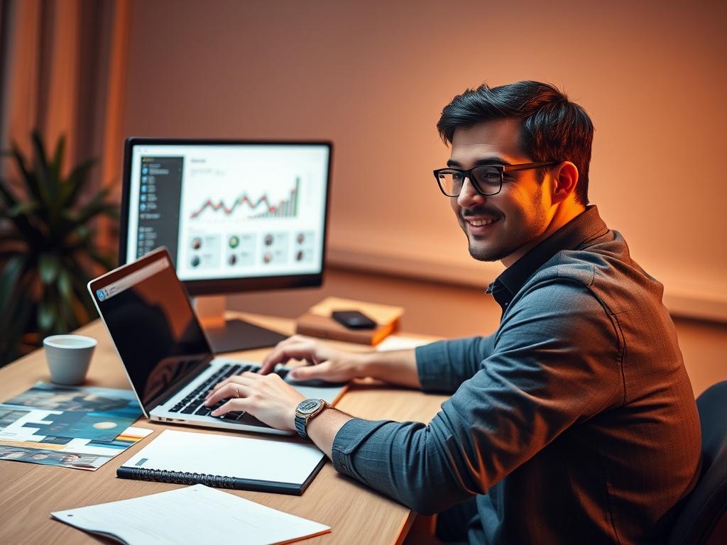 A hyper-realistic close-up shot of a person sitting at a desk, actively engaging with a laptop displaying a vibrant dashboard. The background should be softly blurred to enhance focus on the subject. The individual appears motivated and positive, showcasing professional marketing materials around them, such as brochures and a notepad. The lighting is warm and inviting, creating an atmosphere of productivity and success. The overall color tone should complement the primary color rgb(193, 153, 87), giving the