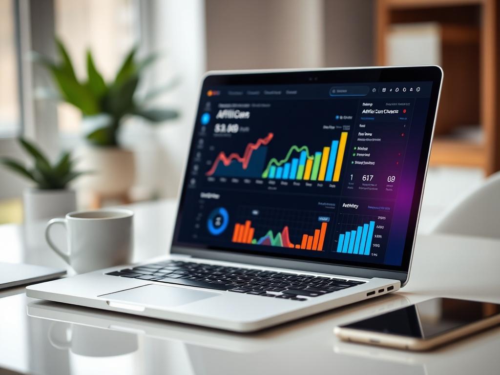 A high-resolution close-up shot of a laptop screen displaying an affiliate dashboard with colorful graphs and analytics. The background should be softly blurred to keep the focus on the screen. The laptop should be placed on a clean, modern desk with a coffee cup beside it, creating a professional yet inviting atmosphere.