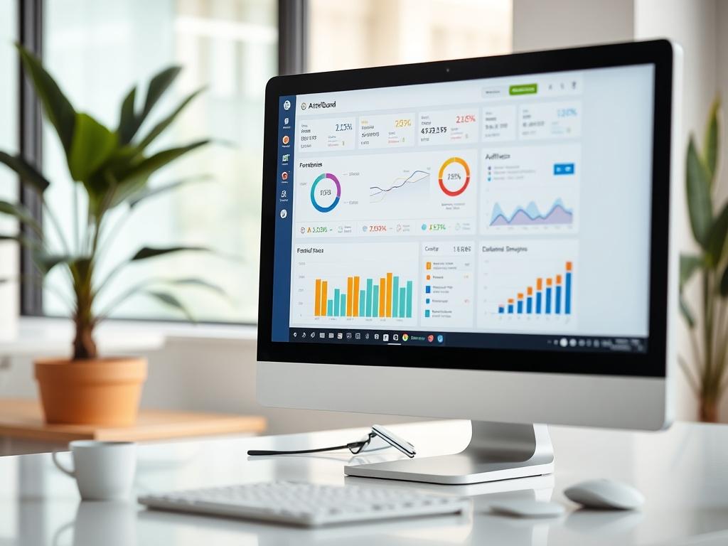A hyper-realistic close-up of a computer monitor displaying an organized affiliate dashboard with various metrics and graphs. The setting should be bright and professional, featuring a clean office environment with a plant in the background, emphasizing a productive workspace.