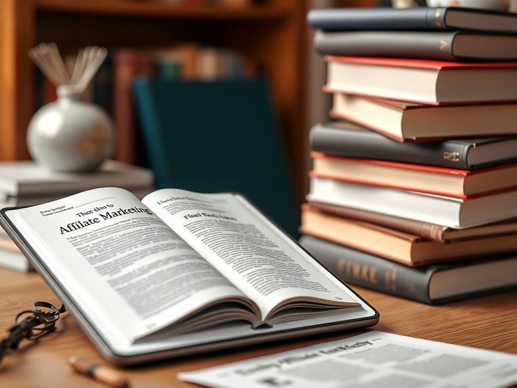 A realistic close-up rendering of a stack of books and a tablet on a desk, showcasing an open eBook about affiliate marketing. The background should be softly blurred, highlighting the books and tablet while maintaining a cozy and inviting study atmosphere.