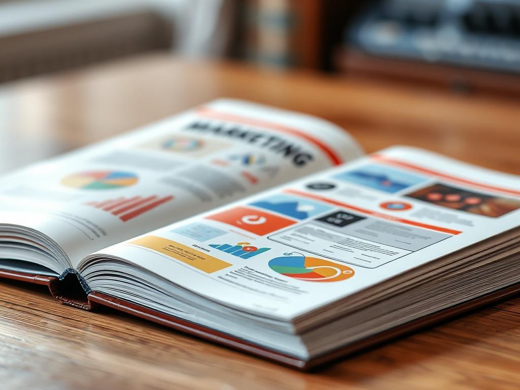 A detailed close-up shot of an open book or digital tablet displaying marketing training materials. The focus is on vibrant graphics and organized content, symbolizing knowledge and growth. The background is softly blurred, maintaining the warm tones of rgb(193, 153, 87), conveying a sense of professionalism and expertise.