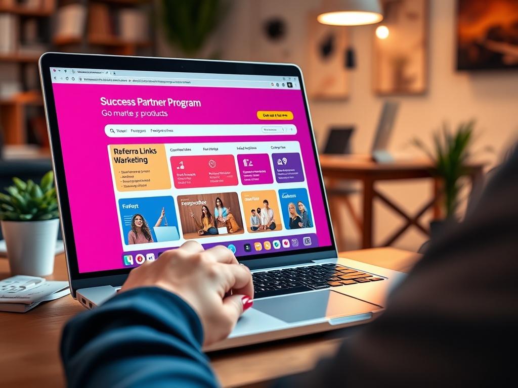 A hyper-realistic close-up shot of a person using a laptop to promote products as part of the Success Partner Program. The screen displays a vibrant interface showcasing marketing tools and referral links, with a lively workspace in the background. The colors align with the rgb(193, 153, 87) theme, creating an inviting atmosphere.