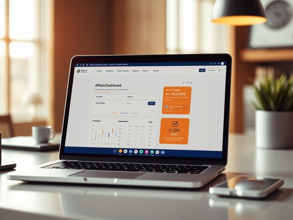 A close-up shot of a laptop screen displaying an affiliate dashboard login page. The screen shows user-friendly interface elements like login fields and a dashboard layout, surrounded by a sleek modern desk setup. The background is softly blurred to emphasize the laptop, with warm lighting that complements the rgb(193, 153, 87) color theme.