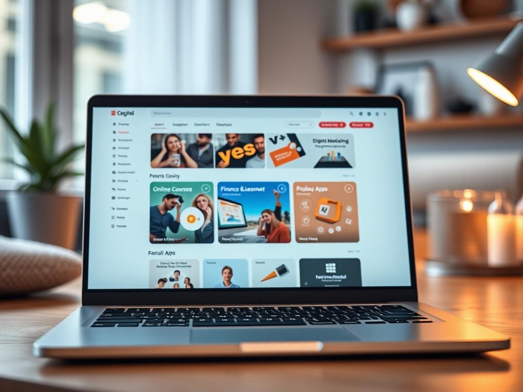 Create a realistic high-resolution photo of a digital marketplace interface displayed on a modern laptop. The screen should show a clean layout with categories like 'Digital Marketing Tools', 'Online Courses & E-Learning', 'Finance & Investment', 'Productivity & Business Apps', and 'Design & Creative Tools'. The background should be a cozy, stylish workspace with soft lighting, focusing on the laptop as the main subject. The color theme should be compatible with rgb(193, 153, 87), creating a harmonious and 