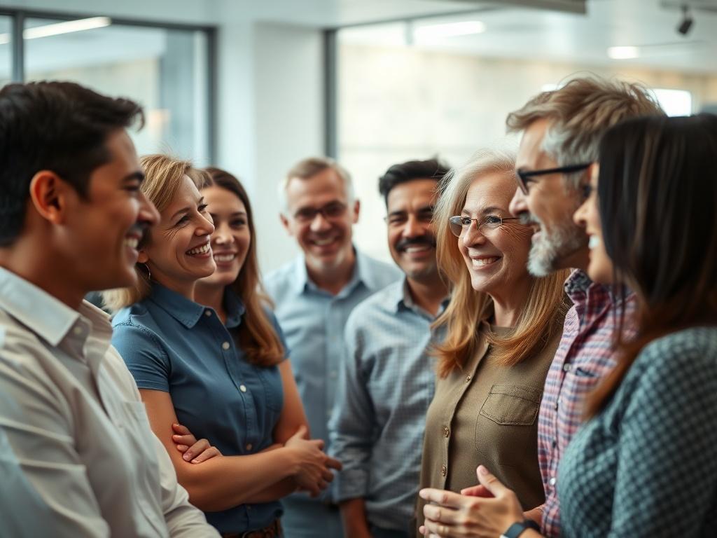 A group of diverse individuals in an office setting, consisting of both younger and older white people. They are engaged in conversation, smiling and interacting with each other. The focus should be on the group dynamic, capturing a warm and friendly atmosphere. The faces should be slightly blurred to ensure that they are not recognizable. The office environment should be modern and inviting, with natural light illuminating the space.