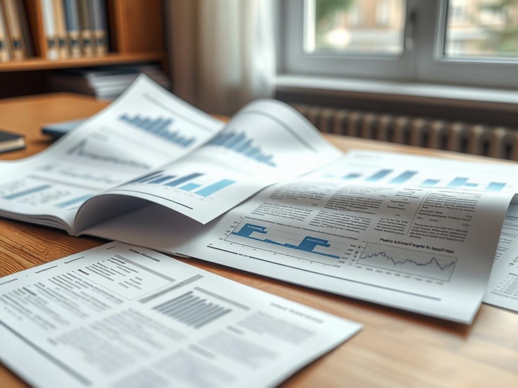 A hyper-realistic close-up shot of an open report with graphs and scientific articles spread on a wooden desk, illuminated by natural light coming through a window. The scene should be simple and clear with a focus on the details of the documents, showcasing graphs and text in a visually appealing manner. The background should be soft blurred, emphasizing the documents while maintaining a warm color palette compatible with rgb(162, 175, 127).