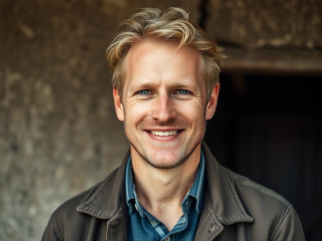 A realistic high-resolution portrait of a man in his early 40s with blond hair, named Hans Peter Nielsen. He should have a warm and approachable expression, wearing a casual yet professional outfit. The background should be simple and earthy, reflecting a grounded and rustic aesthetic, compatible with natural tones. The overall composition should be clear and focused on the subject.
